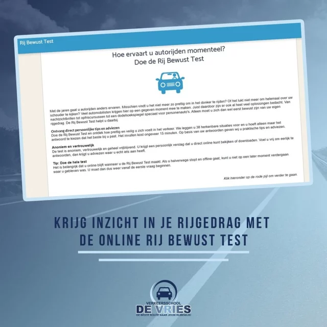 𝑲𝒓𝒊𝒋𝒈 𝒊𝒏𝒛𝒊𝒄𝒉𝒕 𝒊𝒏 𝒋𝒆 𝒓𝒊𝒋𝒈𝒆𝒅𝒓𝒂𝒈 𝒎𝒆𝒕 𝒅𝒆 𝒐𝒏𝒍𝒊𝒏𝒆 𝑹𝒊𝒋 𝑩𝒆𝒘𝒖𝒔𝒕 𝑻𝒆𝒔𝒕
Met de jaren gaat u autorijden anders ervaren. Misschien vindt u het niet meer zo prettig om in het donker te rijden? Of het lukt niet meer om helemaal over uw schouder te kijken? Veel automobilisten krijgen hier op een gegeven moment mee te maken. Juist daardoor zijn er ook al heel veel oplossingen bedacht. Van nachtzichtbrillen tot opfriscursussen tot een dodehoekspiegel speciaal voor personenauto's. Alleen moet u zich dan wel eerst bewust zijn van uw eigen rijgedrag. De Rij Bewust Test helpt u daarbij.
Direct testen? Bezoek dan de volgende link: https://www.rijbewusttest.nl/
#rijles #rijbewijs #rijopleiding #rijopleidingen #rijlessen #autorijles #autorijschool #rijschool #verkeersschool #auto #autos #rismethode #denhaag #zoetermeer #rijswijk #leidschendam #voorburg #delft #scheveningen #autisme #adhd