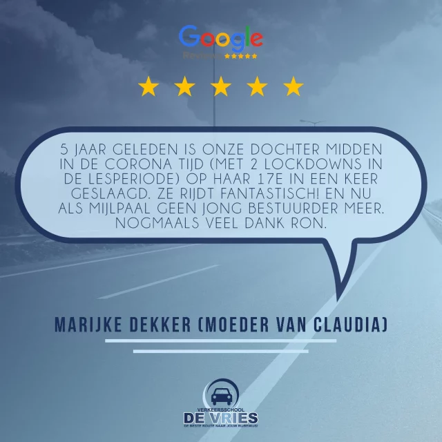 Deze prachtige review van Marijke Dekker, de moeder van Claudia die ruim 5 jaar later nog de moeite neemt om haar ervaring met Verkeersschool De Vries te delen, waarderen wij natuurlijk enorm!

#rijles #rijbewijs #rijopleiding #rijopleidingen #rijlessen #autorijles #autorijschool #rijschool #verkeersschool #auto #autos #rismethode #denhaag #zoetermeer #rijswijk #leidschendam #voorburg #delft #scheveningen #autisme #adhd