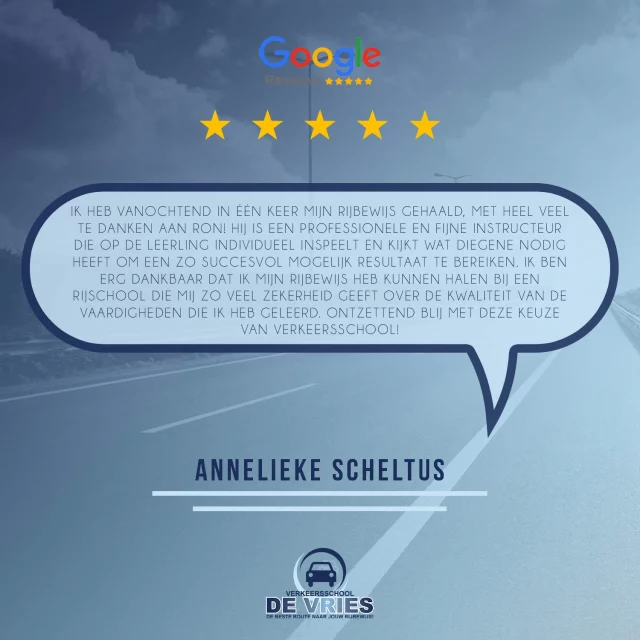 Deze prachtige review van één van de bij Verkeersschool De Vries geslaagde leerlingen maakt ons natuurlijk enorm trots!

#rijles #rijbewijs #rijopleiding #rijopleidingen #rijlessen #autorijles #autorijschool #rijschool #verkeersschool #auto #autos #rismethode #denhaag #zoetermeer #rijswijk #leidschendam #voorburg #delft #scheveningen #autisme #adhd